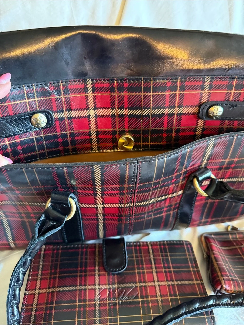 Patricia Nash Black & Red Plaid Leather-Trim Satchel Bag with Matching Wallets